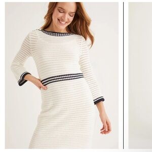 NWT Boden Betty Pointed Cotton Dress Knit Dress 3/4 Sleeve Size 14 White
